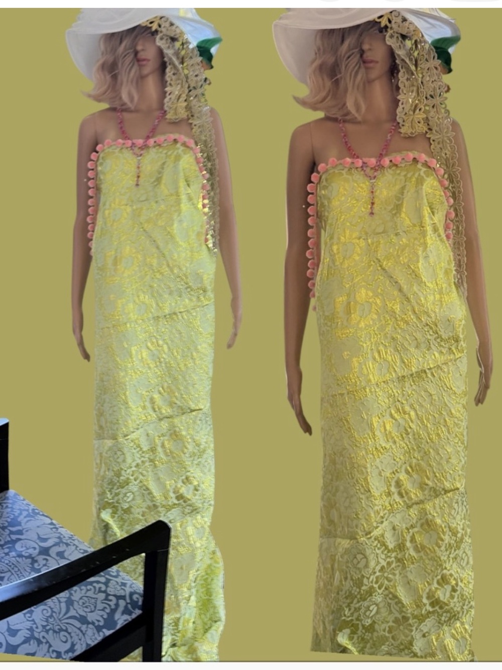 Brocade  Strapless Maxi Dress with Pink Pom Trim - Yellow Designed by Vivian( 1O